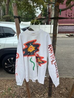 White Long-Sleeve Graphic Floral Tee with Red & Black Artwork